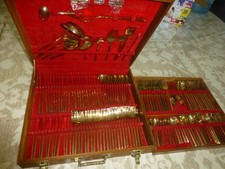 Vintage Thai Nickel Bronze Flatware Set Wooden Box 145 Pcs Square Handle Marked picture