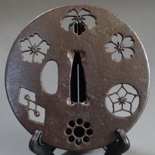 Antique Japanese Iron Tsuba Edo Period Sukashi Tsuba Box Sword Guard picture