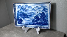 Vintage Japanese Sometsuke Blue & White Porcelain Landscape Tray Showa Period picture