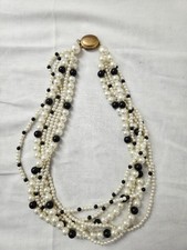Vintage Faux Pearl Black beads multi-strand Necklace Statement Gold Tone Clasp picture