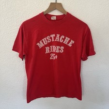 Vintage Belton Mustache Rides 25¢ Red T-Shirt Single Stitch USA - Has Stains picture