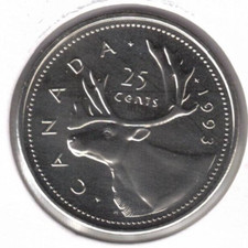 1993 Canadian Flawless Proof Like QEII & Caribou 25 Cent Coin picture