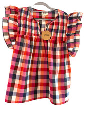 BiBi Women's Smocked Pink Multi Colored/Plaid Ruffled Sleeve Boho Flair Blouse picture