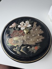 Vintage Japanese Black Lacquerware Round Candy Box Trinket Dish Peacock Floral picture