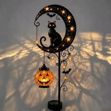 Solar Black Cat & Pumpkin Moon Garden Stake Light Outdoor Halloween Garden Decor picture