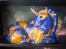 Vintage Joan Baker Designs Celestial Unicorn Figurine Blue Gold Whimsigoth 90s picture