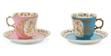Sevres Louise Philippe Set 2 Tea Cups & Saucers Pink & Blue Cherub Celeste Gold picture