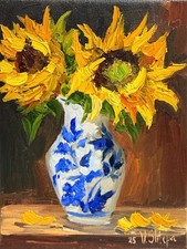Sunflowers Oil Painting Original Art Impasto Flower Still Life Vintage Vase 8x6