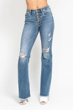 Judy Blue Mid Rise Button Fly Destroyed Fray Hem Flare Denim Jeans Size 26 NWT picture