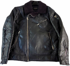 Guess Men's Size M Black Sherpa Lined Vegan Leather Moto Zip Bomber Jacket - New picture