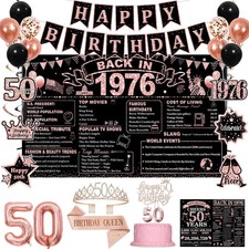 50th Birthday Decorations, Rose Gold Black Back in 1976 Party Supplies Kit with picture