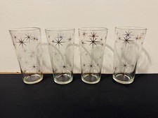 Vintage MCM Atomic Starburst Highball Glasses Gold White Set of 4 Retro Barware picture