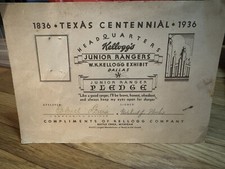 Texas Centennial 1936 Junior Ranger Pledge from Kellogg Company picture