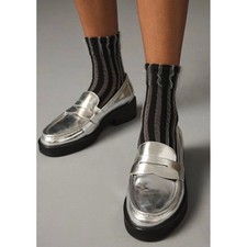 Bibi Lou Metallic Silver Penny Loafers Size 9 Dark Academia Preppy Funky Sleek picture
