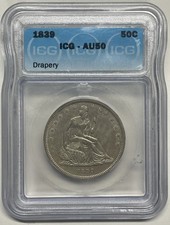1839 Seated Liberty Half Dollar 50c Drapery ICG AU 50 Very Nice Early Seated picture