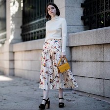 NWT Tory Burch Vance Silk Pleated Midi Skirt Ivory Multicolor Print Women's 6 picture