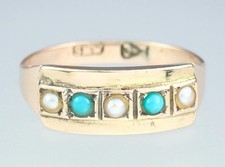Pretty Antique Victorian Solid 9K Gold Pearl Turquoise Cabochon Ring 1880 S 5.5 picture