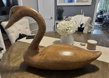 GORGEOUS SOLID WOOD HAND CARVED LARGE SWAN, GLASS EYES 31” Long X 11” Wide picture