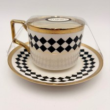 Almeria Collection Black White Harlequin Diamond Gold Trim Cup and Saucer Set picture