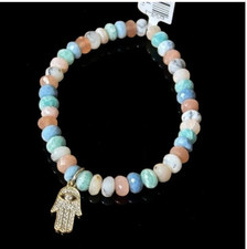 Rarities Carol Brodie Multi Gemstone Bead Bracelet with Hamsa Charm S-M Nwt picture