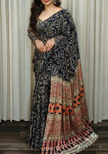 Pure Gajji Silk Ajrakh Saree Bandhej Mirror Work Indian Ethnic Sari With Blouse picture