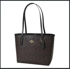 COACH CU759 Small City Tote Signature Coated Canvas Black Brown Outlet New picture
