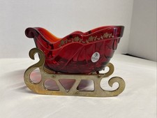 Vintage Fenton Santa Red Christmas Sleigh With Brass Frame picture