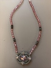 Vintage 1928 Jewelry Co. Pink Crystal Beaded Necklace Ornate Filigree Pendant picture