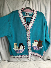 Storybook Knits Women’s Teal Cat Embroidered Beaded Appliqué Cardigan picture