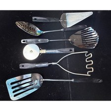 Vintage Ekco USA Kitchen Utensil Set 6pc Chromium Plated Black Handle MCM picture