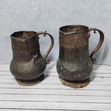 Pair Antique Ottoman Copper Mugs 18th 19th C Hand Hammered Bronze Repousse Iron picture