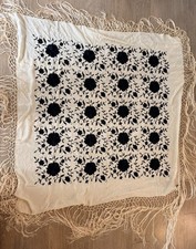 Antique 1920s Silk Piano Shawl Ivory Black Floral Embroidered Canton Fringe  picture