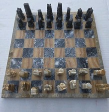 VTG Hand Carved Aztec Mayan Marble Onyx Stone Chess Board Set 32 Pcs Complete picture