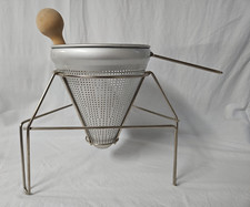 Vintage Aluminum Metal Food Cone Strainer Stand Wooden Pestle Jarring Canning picture