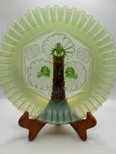 Antique Jefferson Glass Green Opalescent Ruffles & Rings 3 Feet Crimped 9