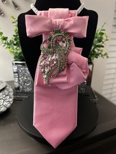 Pink Satin Women's Neck Tie with Decorative pink and green Brooch picture