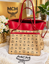 MCM Visetos Monogram Beige/Red PVC Leather Tote Bag Gold Hardware Dust Bag picture
