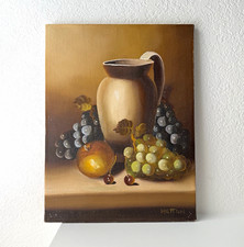 Vintage Signed British Still Life Original Oil Painting Grapes Pitcher Jug Fruit picture