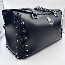 Roberto Cavalli Black Studded Braided Handle Satchel Top Handle Bag Detach Strap picture