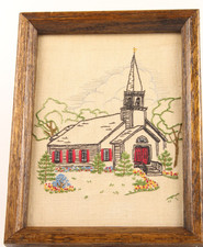 VTG Hand Stitched “Old Country Church” Framed Art picture