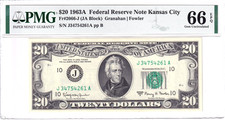 1963-A $20 Federal Reserve Note Kansas City PMG 66EPQ #J34754261A picture