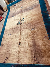 Antique Chinese 10’ x 14’ Hand Knotted Wool Rug Peach & Navy Blue picture