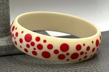 Vintage Red Polka Dot Mod Pop Art Lucite Cream Bangle Bracelet 8.5” picture