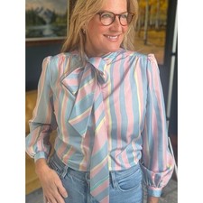 VINTAGE 1970’s Pierre Lamonte of California Pastel Striped Bow Neck Blouse sz 10 picture