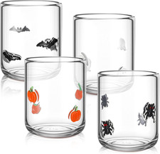 Skylety 4 Pcs Halloween Icon Glass Cups, Pumpkin Spider Bat Ghost, 16Oz picture