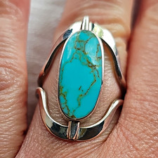 Sterling Silver 925 Oval Blue Turquoise/Onyx Spinner Ring Size 8.25 Mexico picture