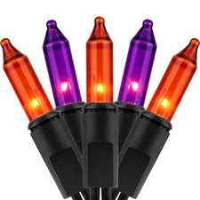 YULETIME 200 Orange Purple Halloween Lights, 2-Set 21 ft 100 ct Black Wire picture