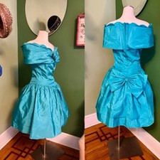 Vtg 80s Green Satin Off Shoulder Ruffle Mini Tiered Princess Dress Tulle S 36 picture