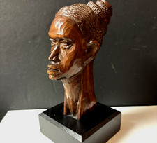 Vintage Hand Carved African Head On Black Base block  6 1/2