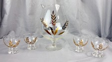 Vintage MCM Gold Wheat Glass Pitcher & 4 Cocktail Glasses Set Mid Century Retro picture